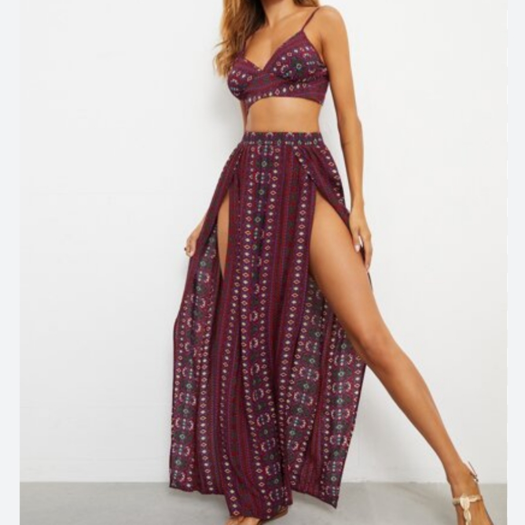 Shein Vcay Tie Backless Crop Cami Top & M-Slit Thigh Skirt Set